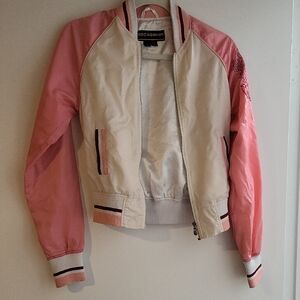 Rocawear Womens Pink Cream Satin Bomber Jacket‎ Embroidered Sleeve Size S Small